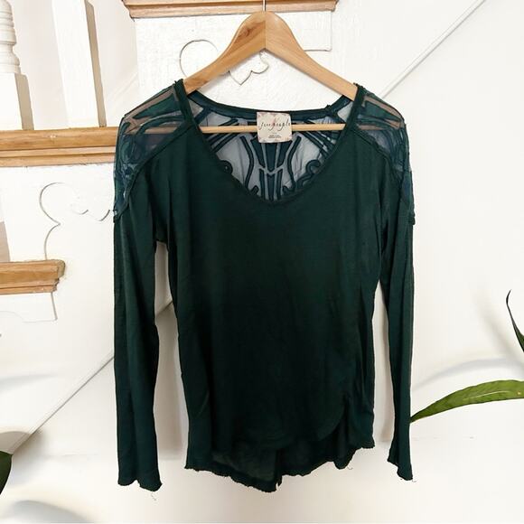 Free People The Gatsby Long Sleeve Top Green Mesh Detail Scoop Neck Size S - Picture 1 of 8